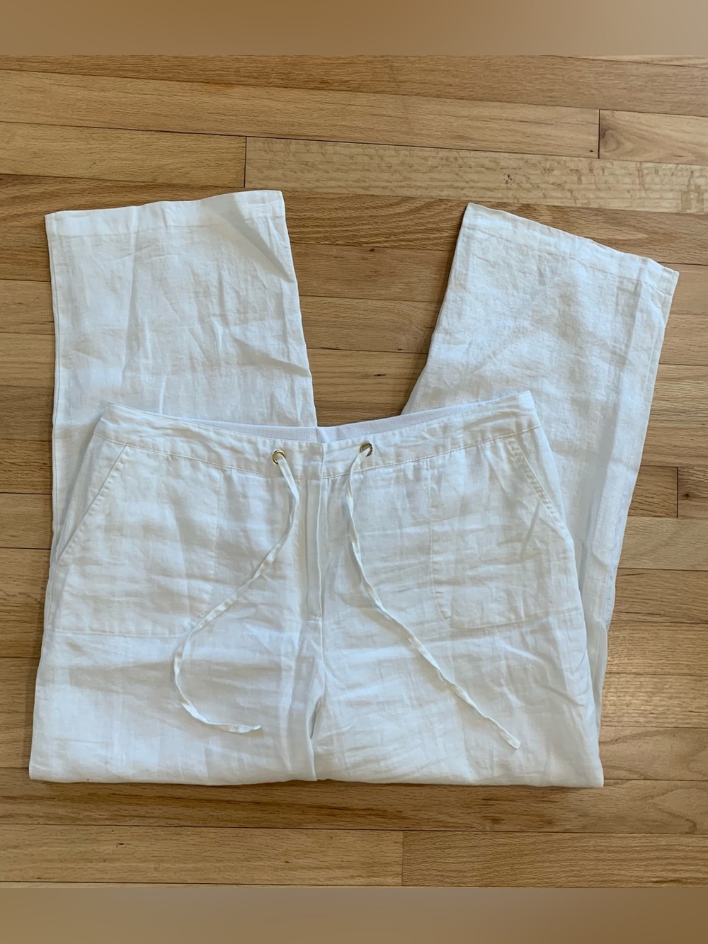 Charter Club Luxury 100% Linen White Wide Leg Elastic Waist Drawstring Pants XL